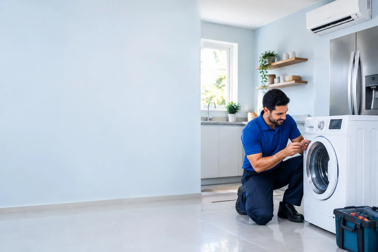 Técnico de refrigeração inspecionando uma máquina de lavar em um ambiente claro